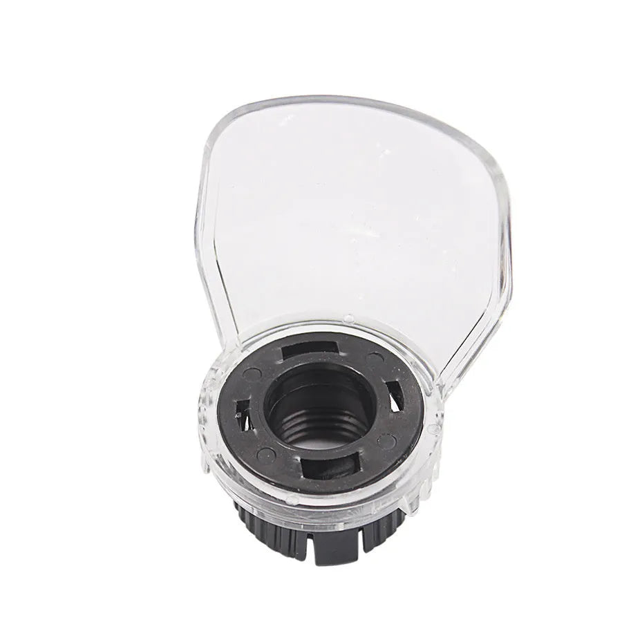 Transparent plastic horn-shaped safety face shield for industrial grinding and polishing tools.