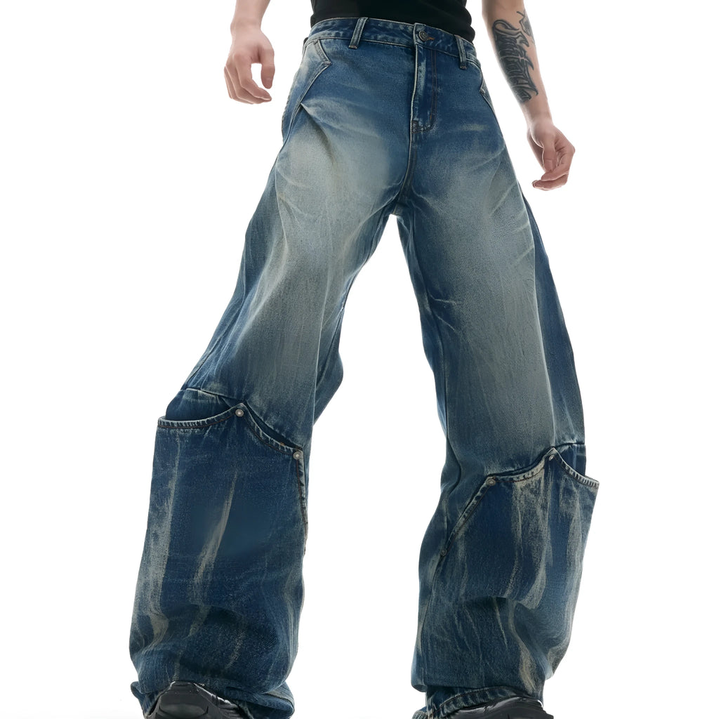 Men's verdant blue retro jeans with washed burst pattern, loose fit curved knife style