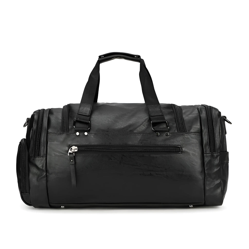Black PU holdall travel bag with a separate internal compartment for shoes.
