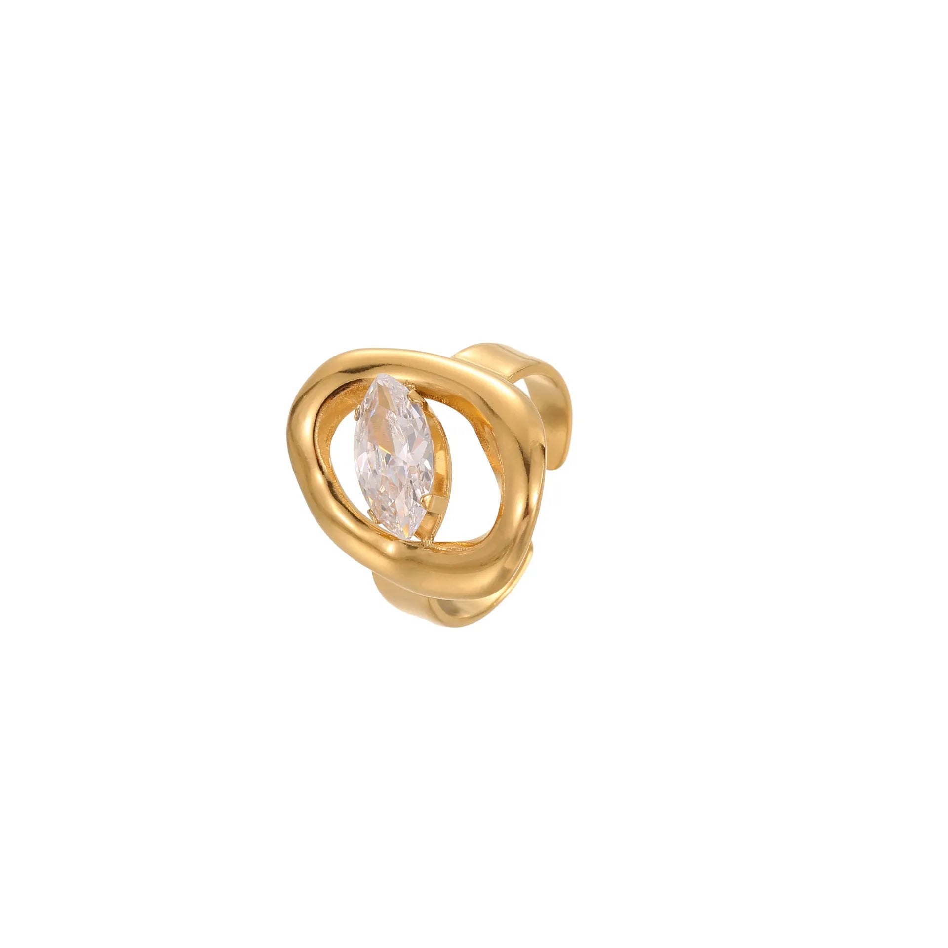 Geometric open mouth zircon ring showing adjustable design and electroplated finish