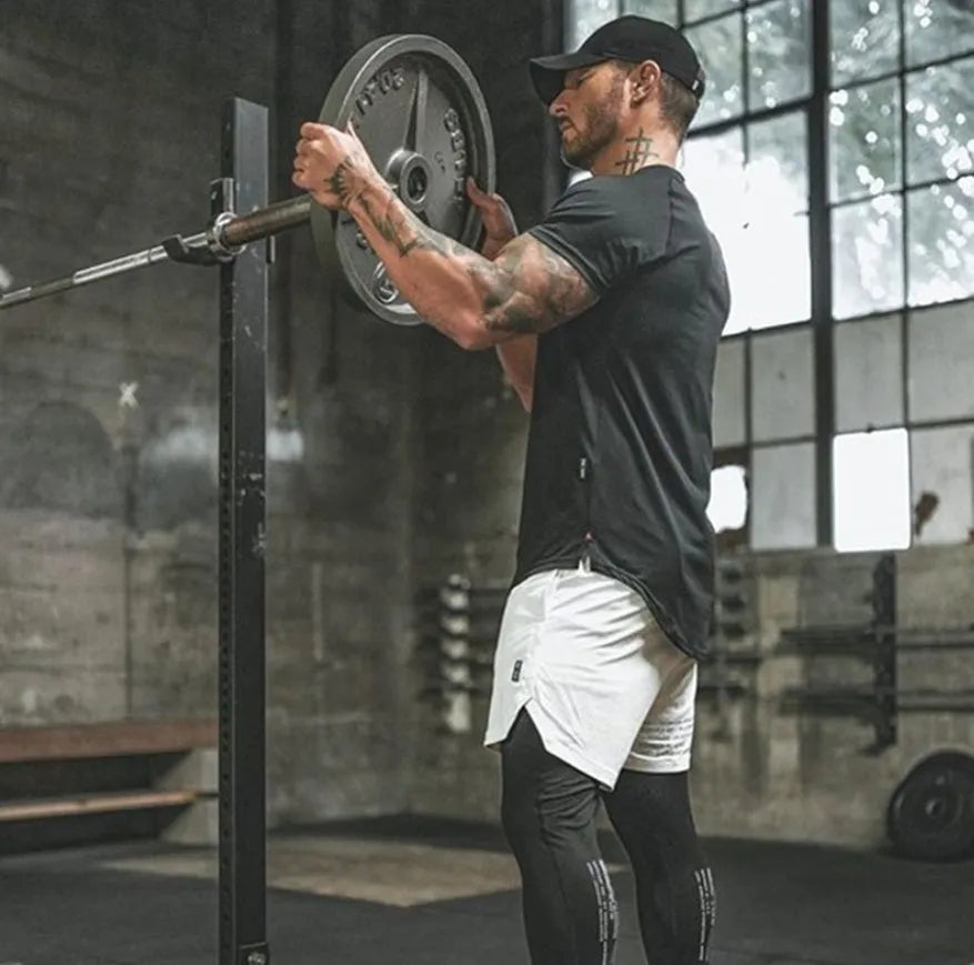 Men's plain cotton-spandex gym t-shirt shown in army green, black, and white, some with optional letter print.