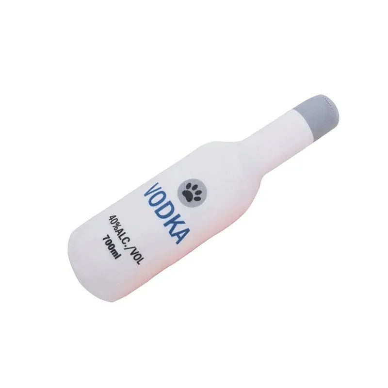 Plush wine bottle shaped dog toy in assorted colours including green, orange, red, black, coffee and white