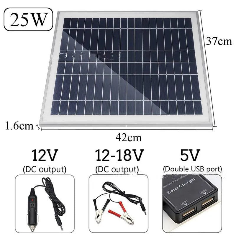 Portable polycrystalline solar panel with dual USB ports for outdoor device charging.