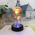 Small plastic night lamp with glass cover and flower decoration on black base