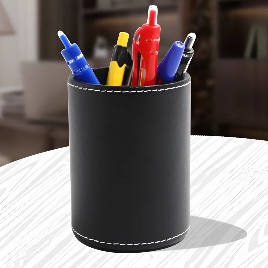 Black leather round pen holder with 8cm diameter and 10.8cm height for desk organisation