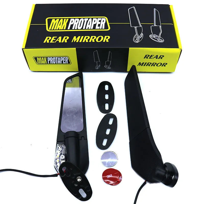 SH-620-5 motorcycle rearview mirror reflector with integrated yellow light, showing aluminium alloy body and convex glass lens