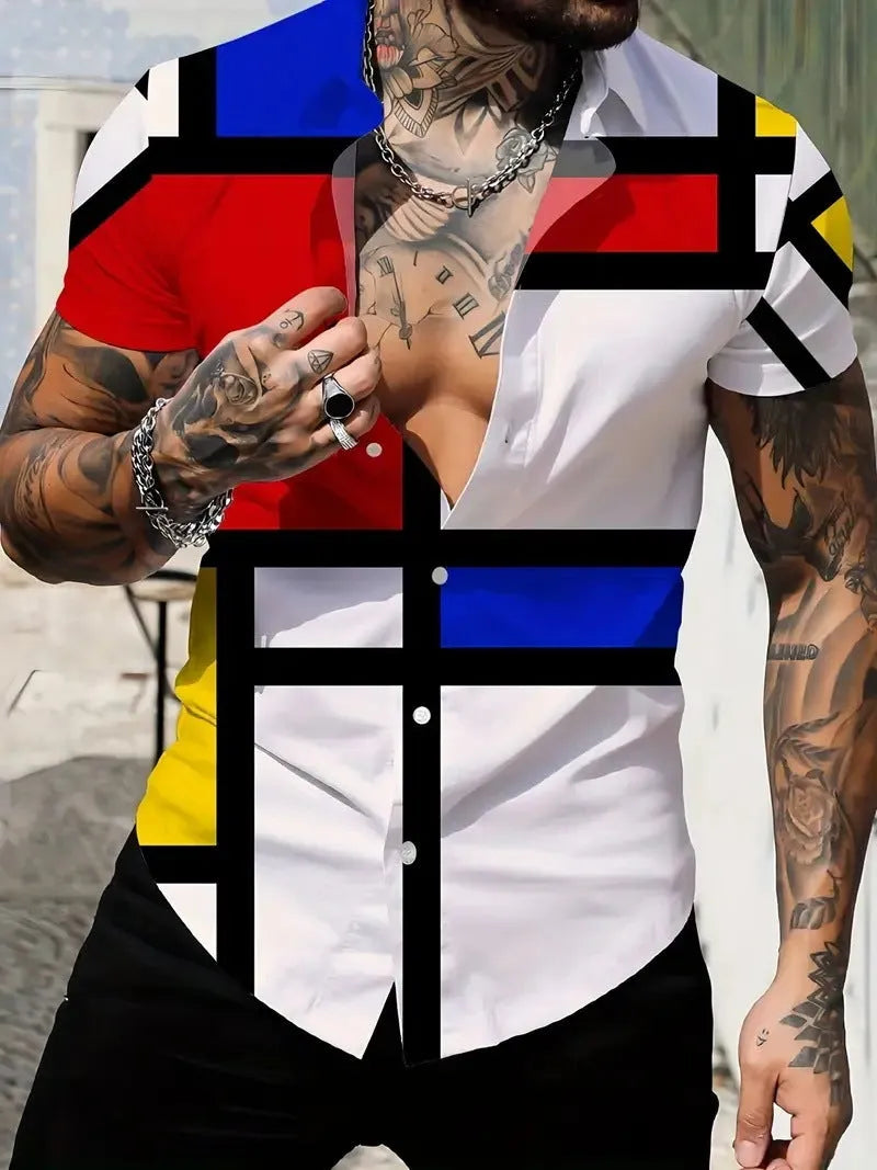 Men's geometric line print lapel short sleeve shirt in slim fit cardigan style
