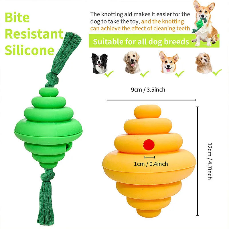 Green dog ball with rope toy showing split design and food dispenser hole