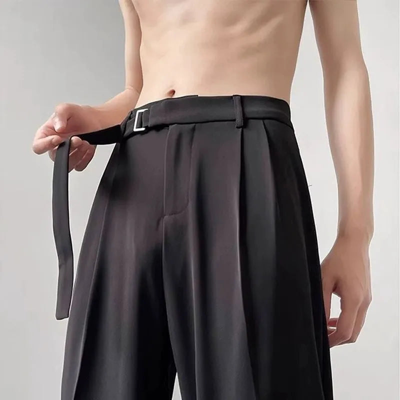 Black wide leg trousers with straight leg opening and non-ironing chemical fibre blend fabric