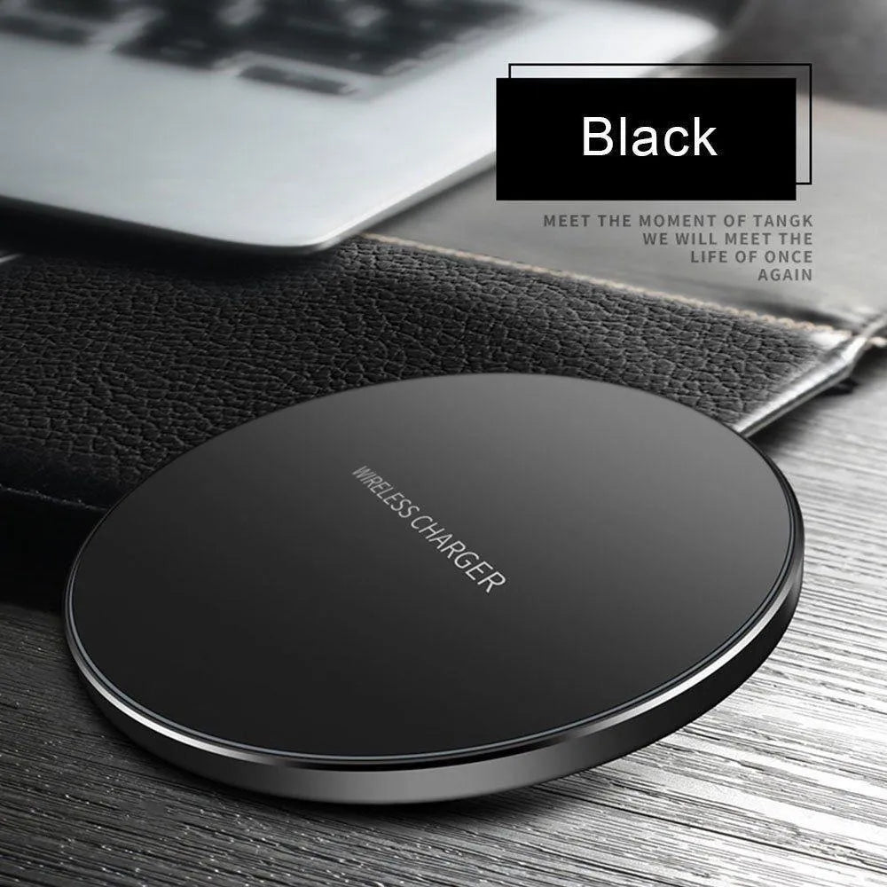 Black ultra-thin wireless charging pad with 98mm square surface for smartphone fast charging