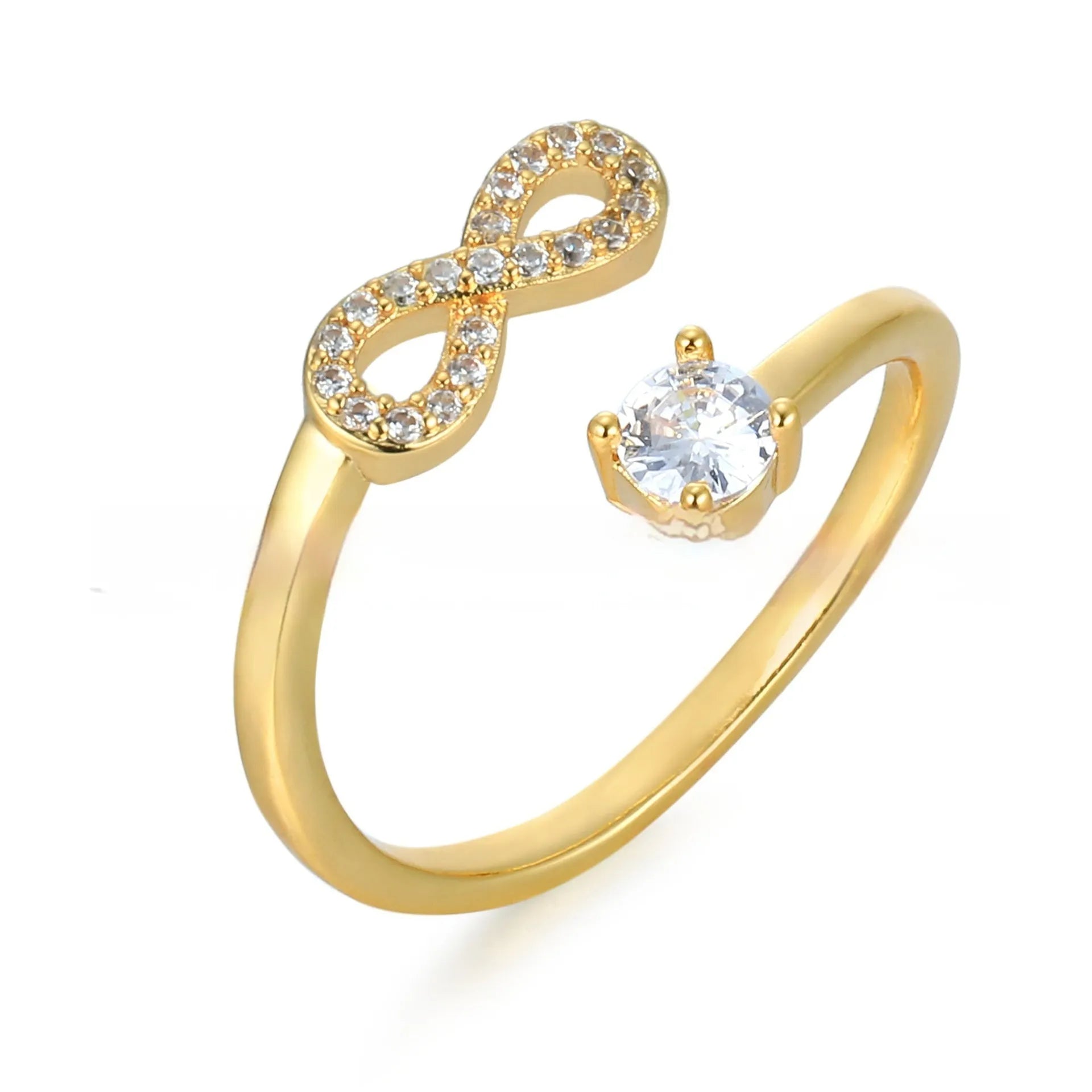 Geometric open ring with zircon inlay displaying custom English letter on metal band