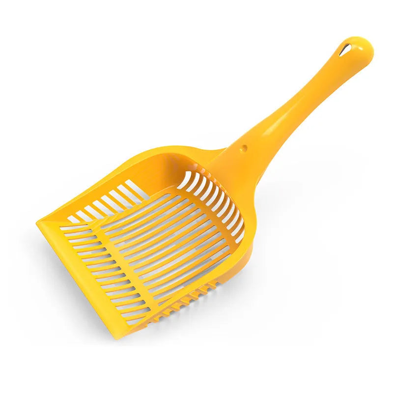 Plastic cat litter scoop with ergonomic handle in red, yellow, or blue colour options