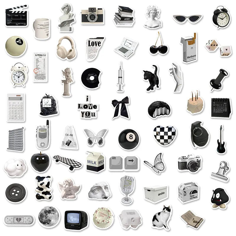 61 black and white PVC waterproof stickers for laptops, phones, and luggage