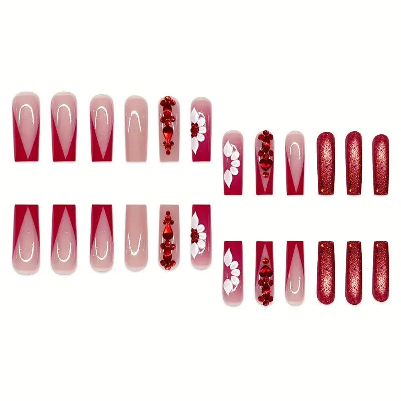 Sweet Flowers pattern red diamond false nails in long European Square shape with glue and file.