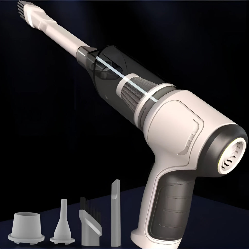 Compact gold or silver wireless car and pet vacuum cleaner with USB charging cable.