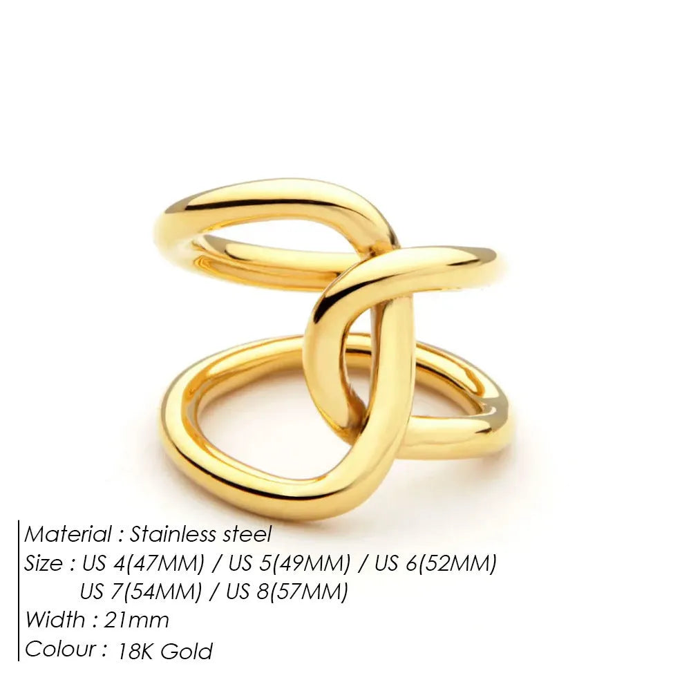 Geometric knotted open ring in stainless steel showing U-shape design and adjustable sizing