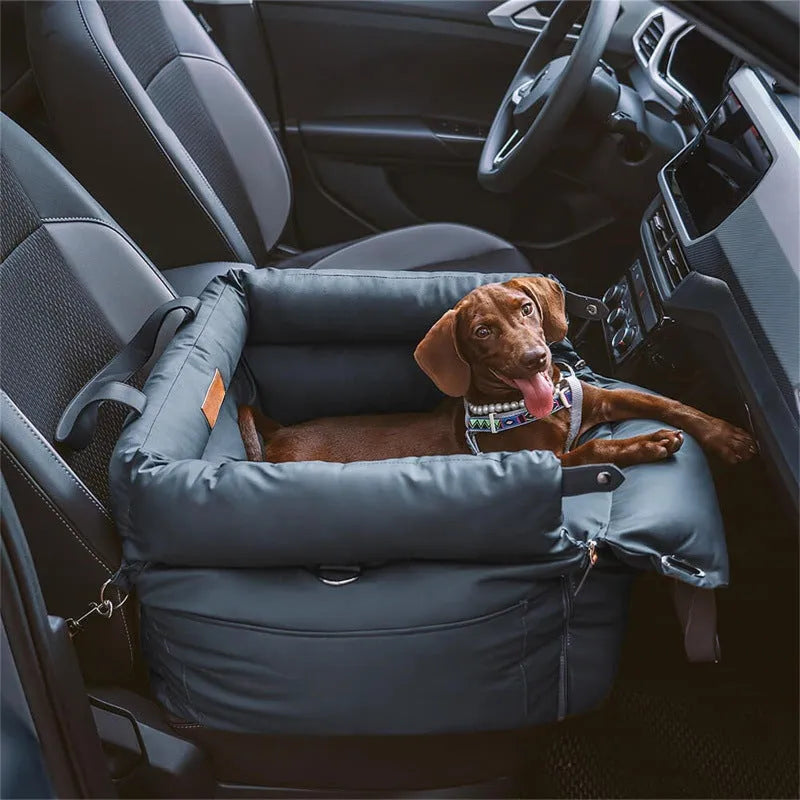 Green waterproof PU leather dog car nest with removable bed, showing 55x50x45cm dimensions.