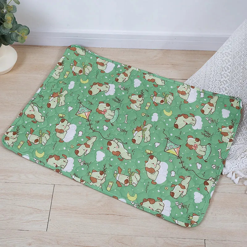 Reusable washable pet urine pad with animal print design and waterproof layer.