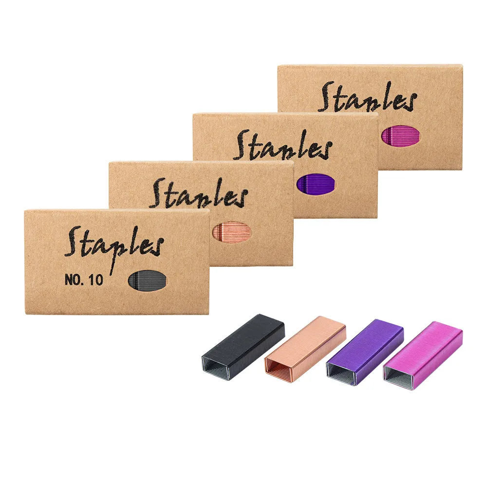 Box of 1000 metal office staples in black purple rose gold and rose red colours