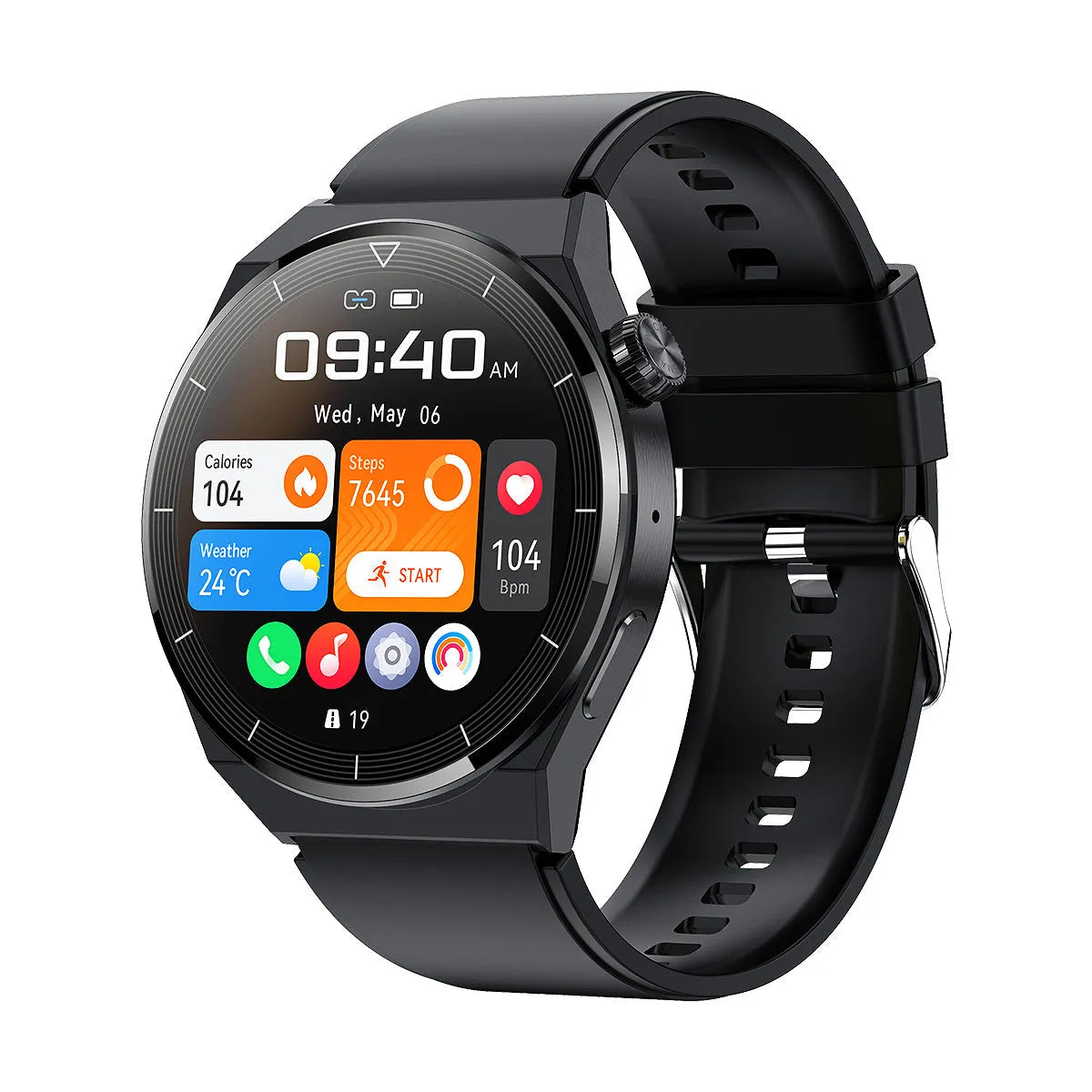 Round Android smart watch with black silicone band showing a homescreen on its 1.36-inch display.