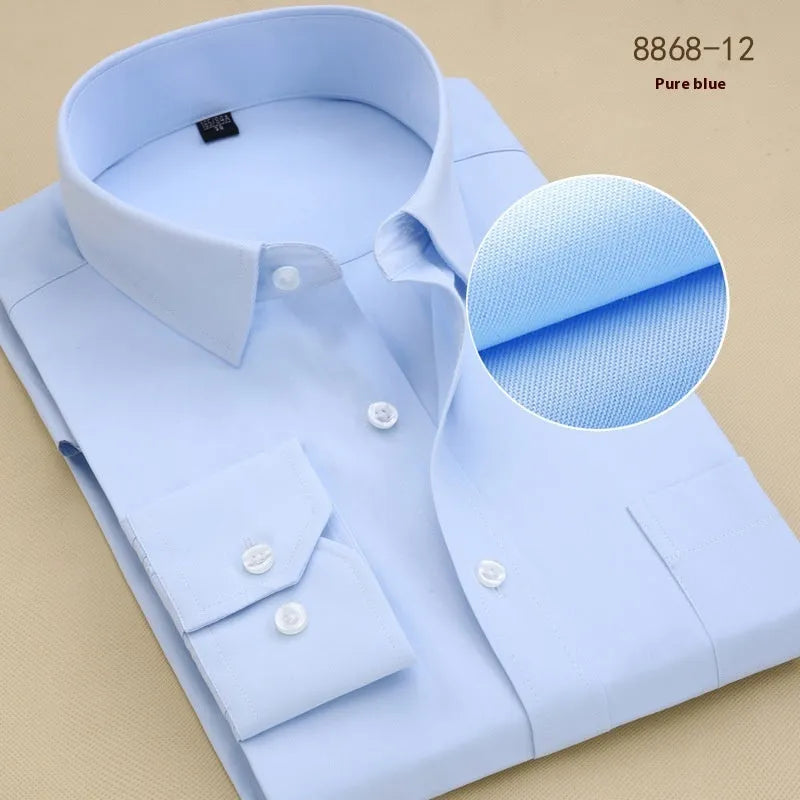 Men's black slim-fit long-sleeve cotton business shirt for professional work attire.