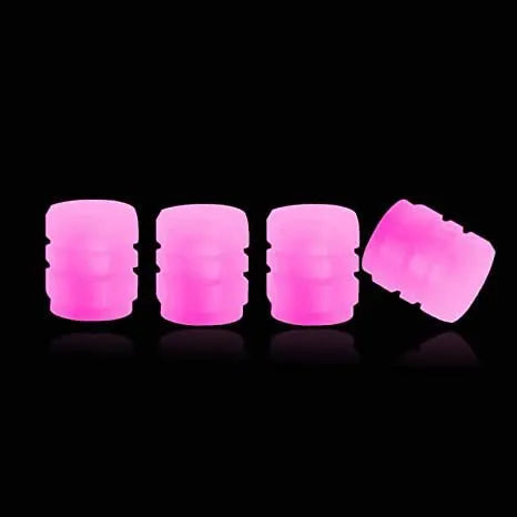 Rubber luminous tyre valve caps in multiple colours showing pack size options for bicycle and motorbike wheels