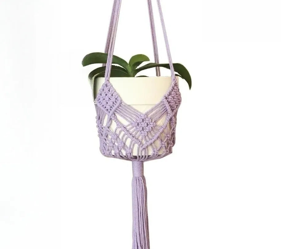 Minimalist hand-woven flower pot in polyester cotton fabric with net pocket design in brown colour