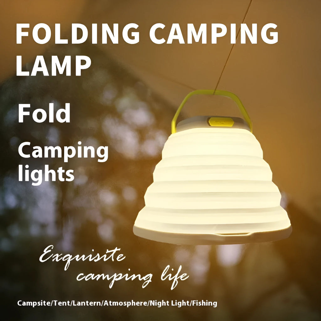 White portable camping lamp with large capacity battery and a single control button.