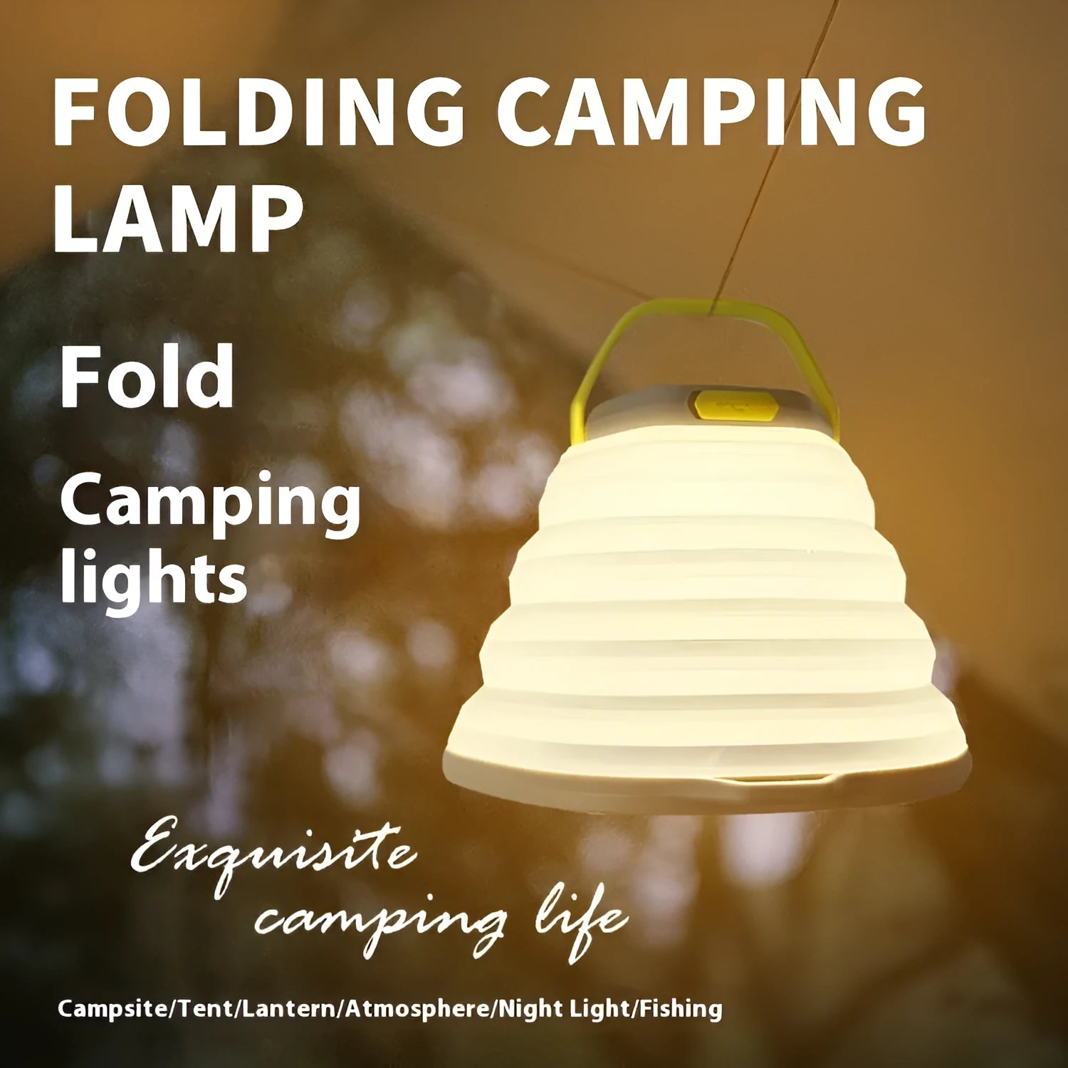 White portable camping lamp with large capacity battery and a single control button.