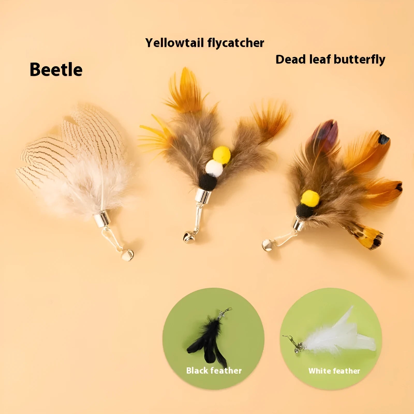Three steel wire cat toy replacement heads with small flying insects designs for scratch-resistant pet play