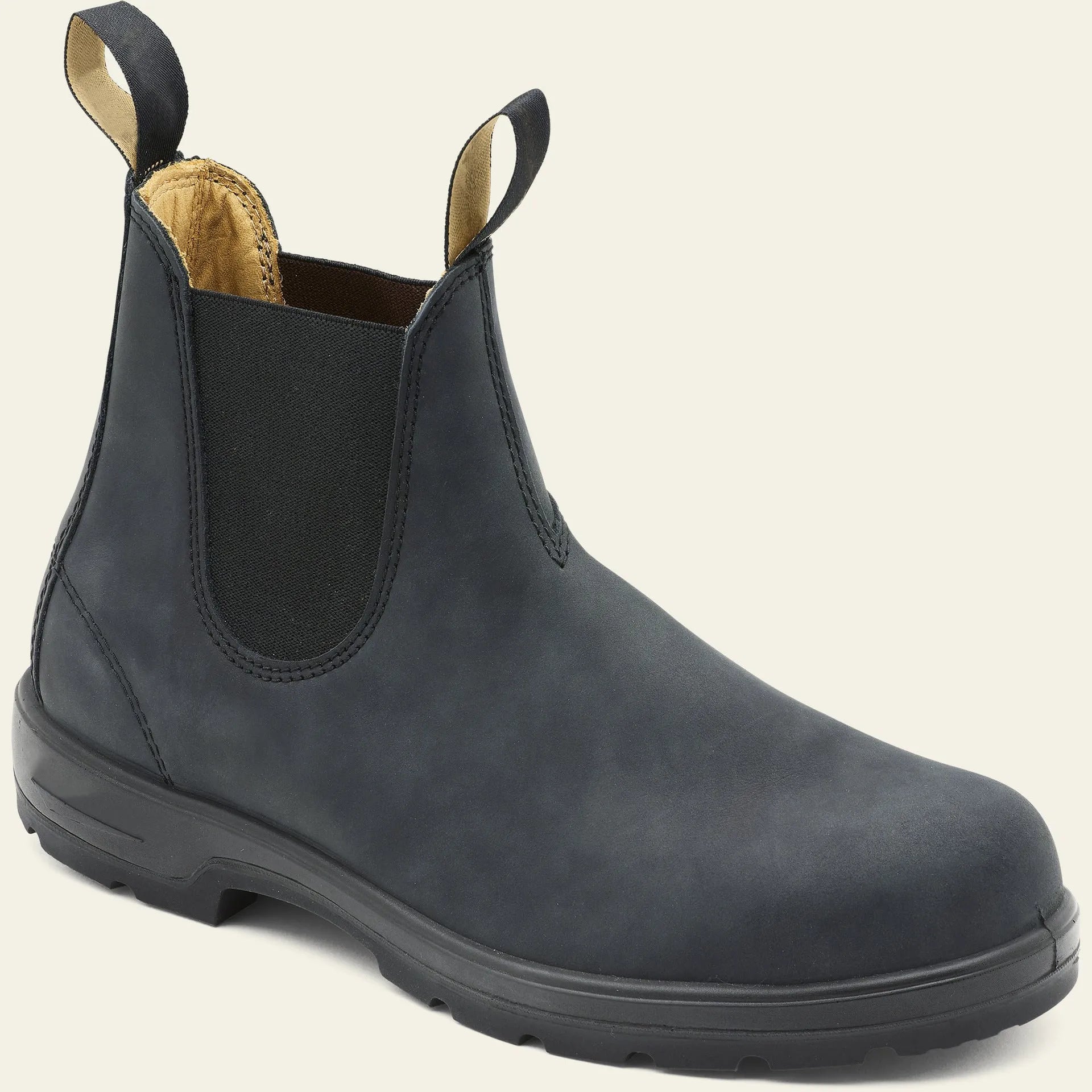Vintage-style unisex Chelsea boot in frosted brown PU with car suture detail and a low horseshoe heel.