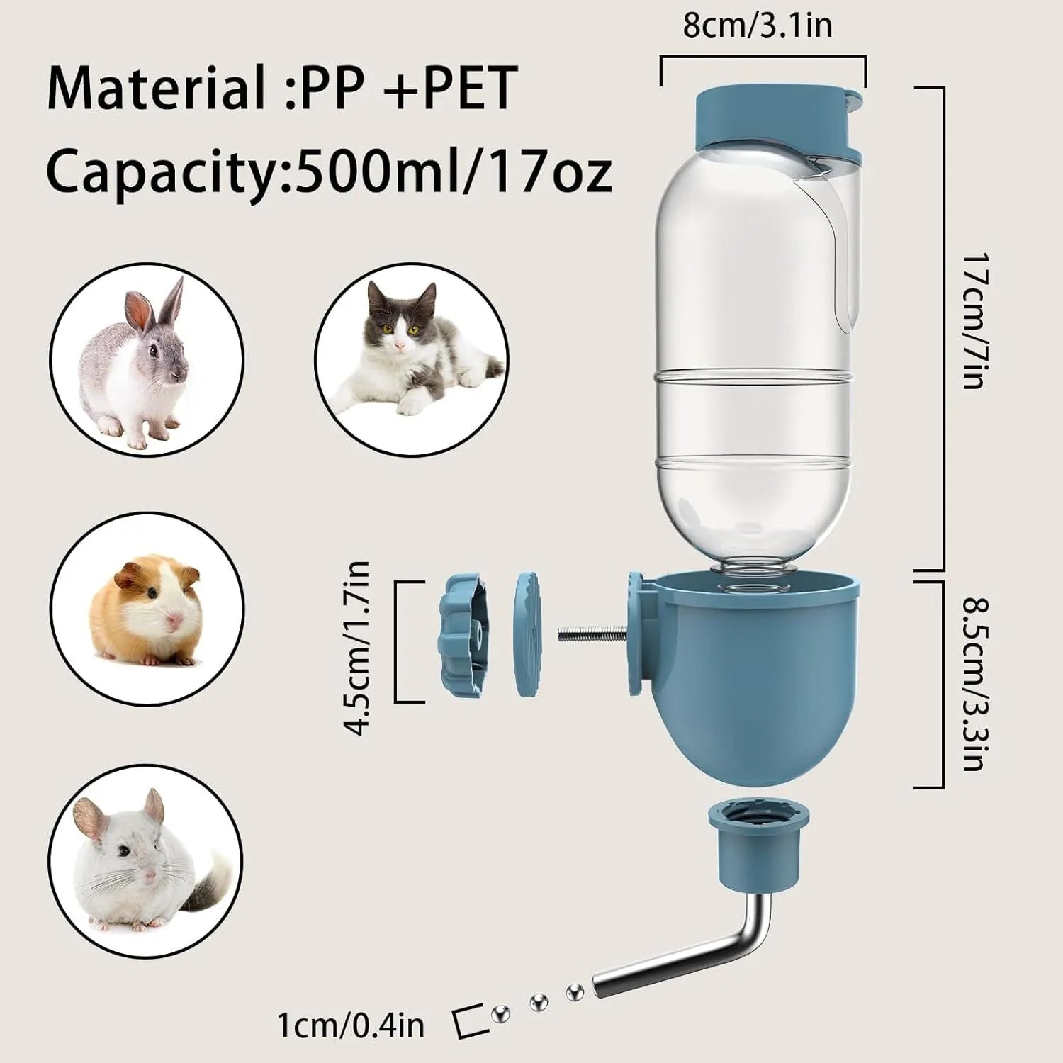 Blue small animal water bottle with rotatable nozzle for cage mounting