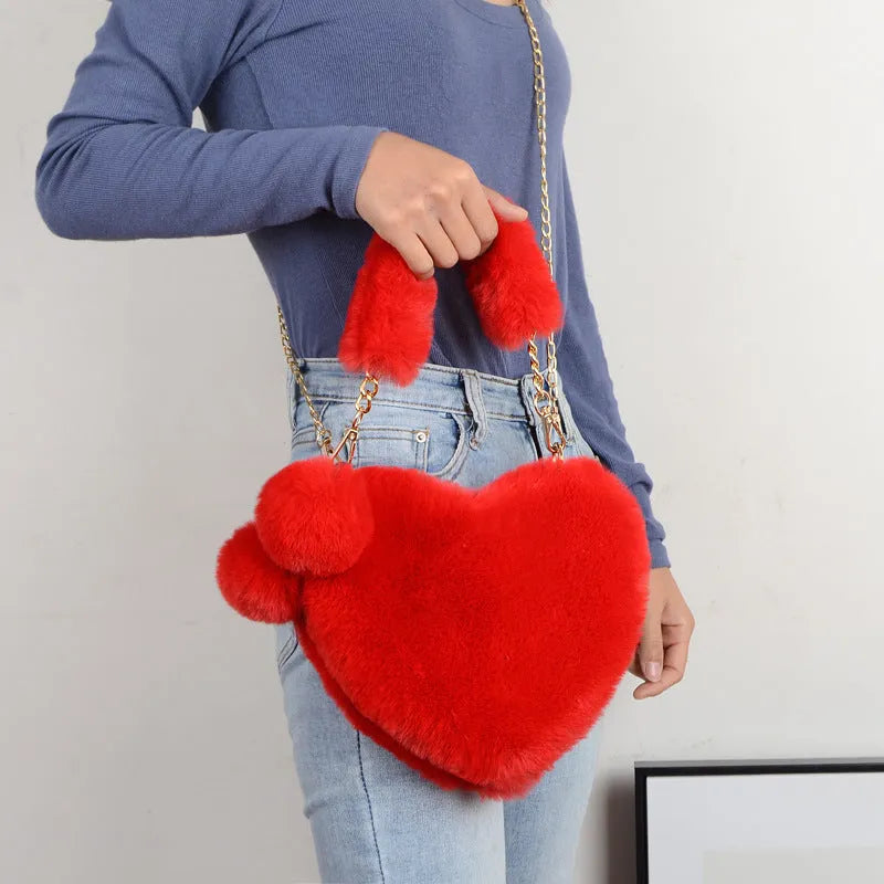 Soft plush heart-shaped women's handbag with zipper closure in various colours