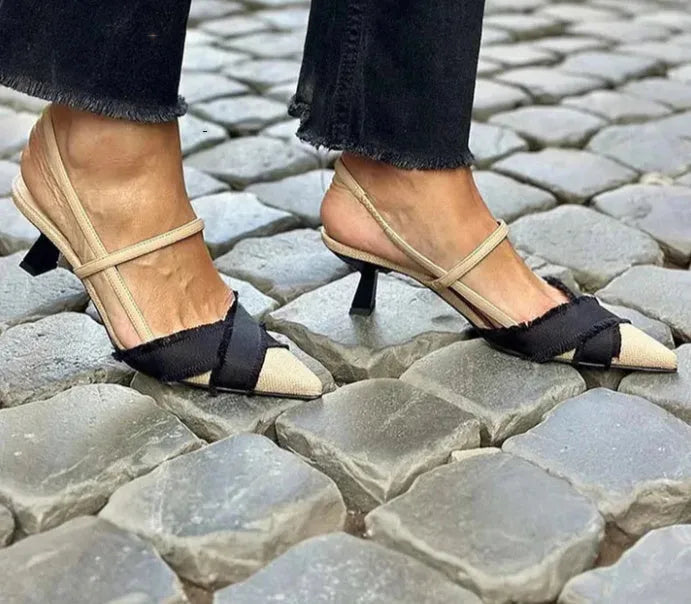 Women's apricot black colour block pointed toe sandals with stiletto heel and buckle fastening