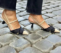 Women's apricot black colour block pointed toe sandals with stiletto heel and buckle fastening
