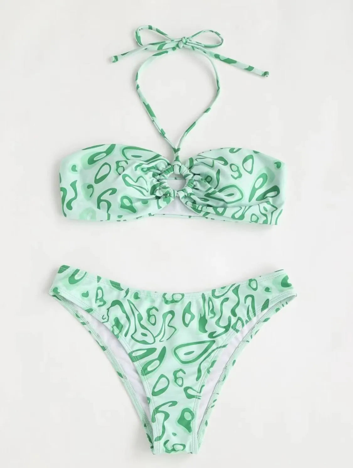 Green floral bandeau bikini swimsuit with backless design and matching briefs