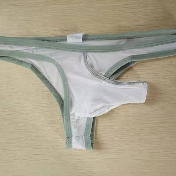 Men's ice silk nylon briefs in seven colour options on a size chart