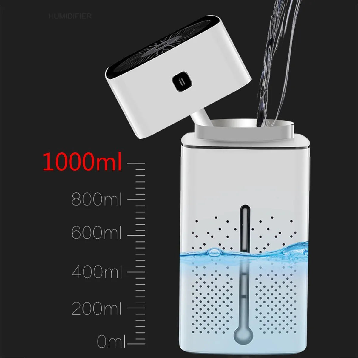 Black or white USB desktop humidifier with 1000ml tank on a desk