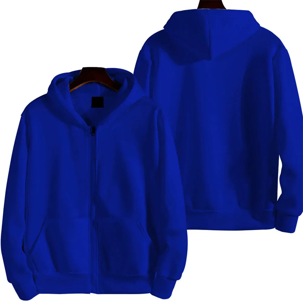 Men's solid colour loose fit zip-front sports jacket on a hanger.
