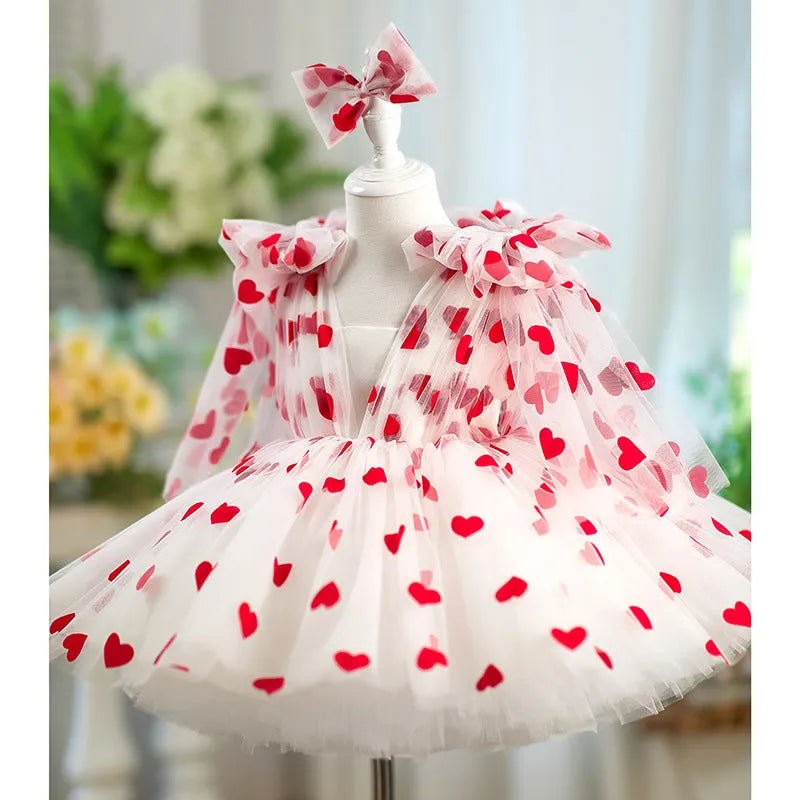 Children red love princess dress gown with heart print