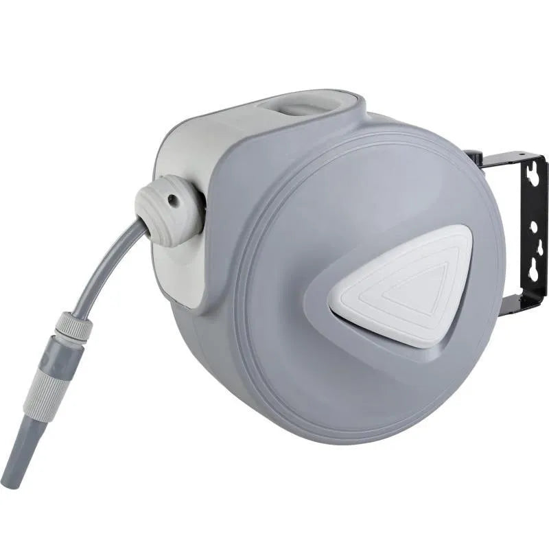 Automatic retractable hose reel with 10 metre PVC water pipe in compact drum for car washing