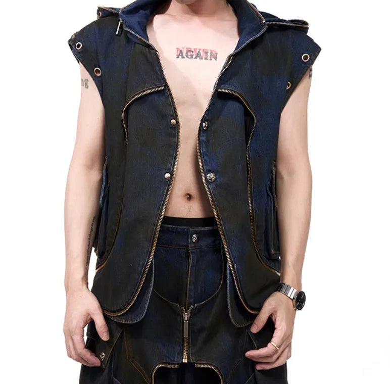 Blue Korean-style denim hooded vest coat with matching trousers laid flat.