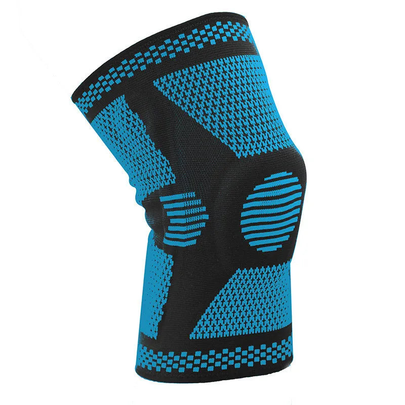 Green silicone spring knee pad shown on a leg, with size options M L XL for leg circumferences 35-55cm.