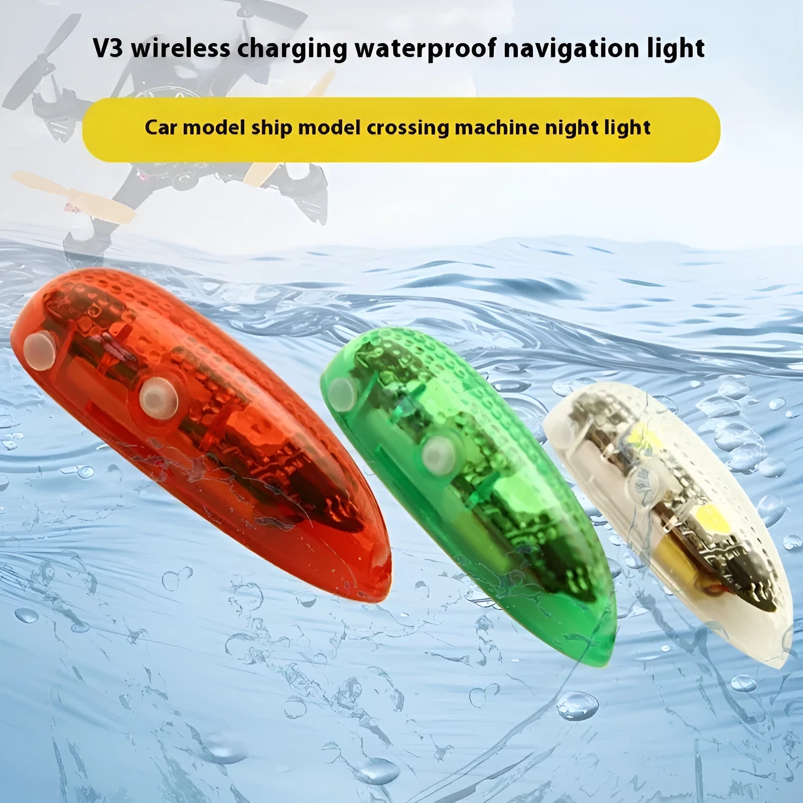 V3 wireless charging waterproof LED navigation lights for model cars and boats with adhesive backing.