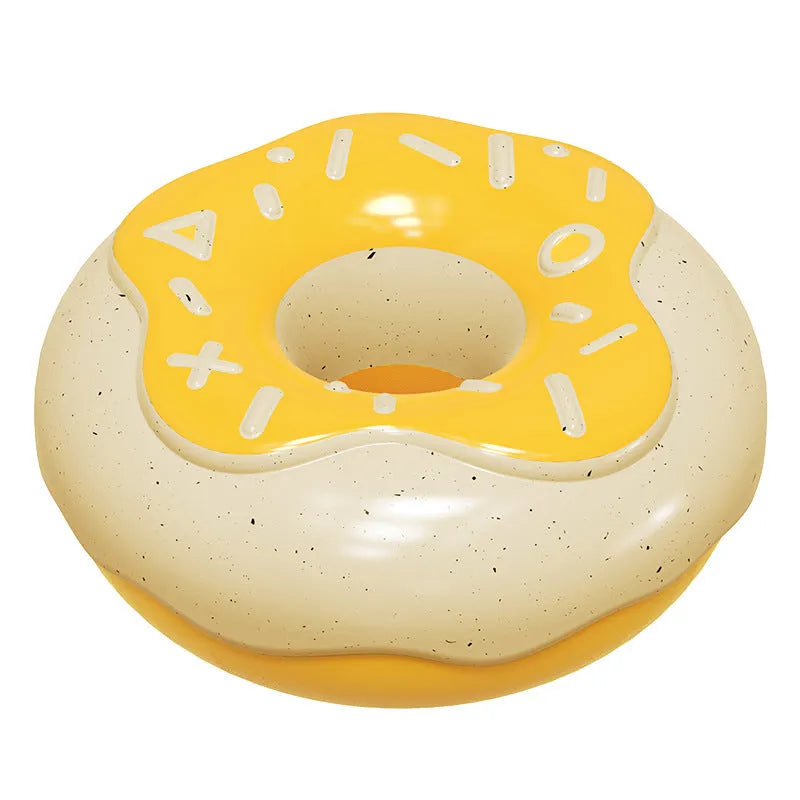 TPR donut dog chew toy with crunchy squeaker for teeth cleaning in pink, chocolate and yellow colours