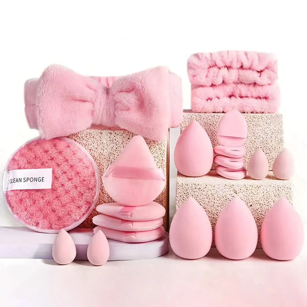 Beauty tools combination suit with hydrophilic non-latex sponge applicators in brown, pink and purple colours