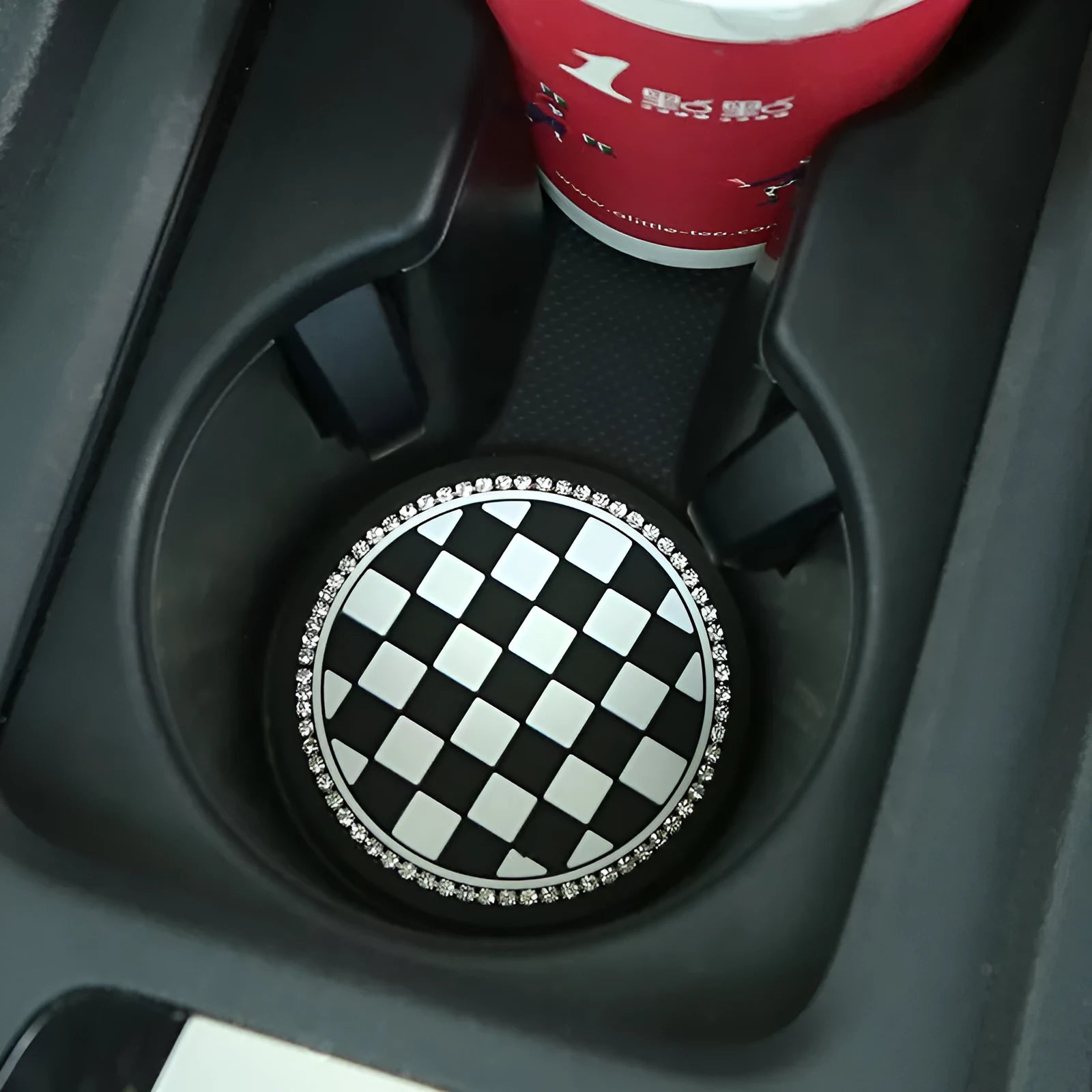 Black and white checkerboard pattern PVC car cup holder mat with non-slip base