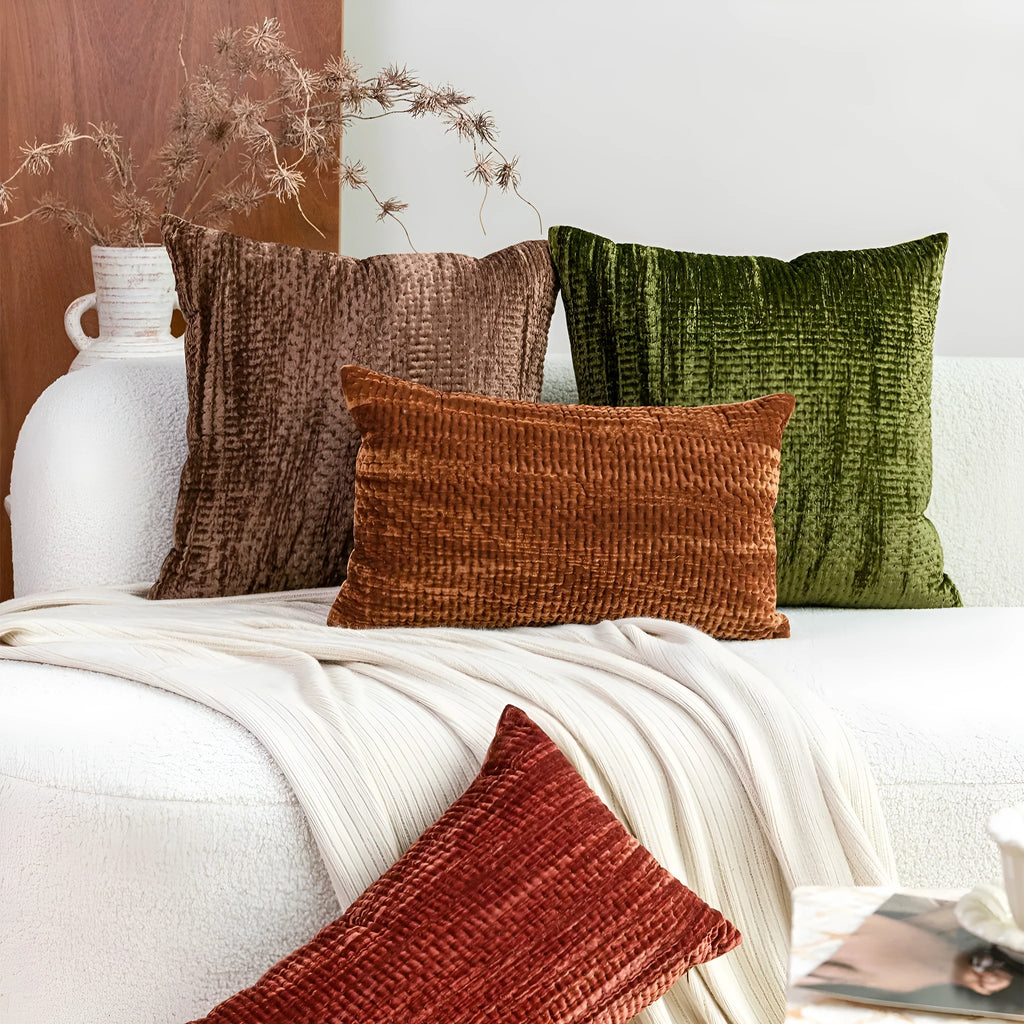 Chinese antique style quilted cushion pillow with mercerised velvet fabric in green, red, mocha, or orange colours