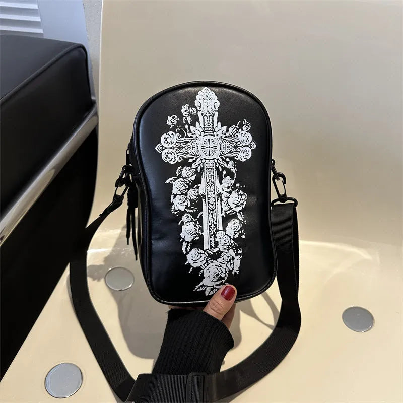 Halloween graffiti print mini crossbody bag with pumpkin ghost bat design in PU material