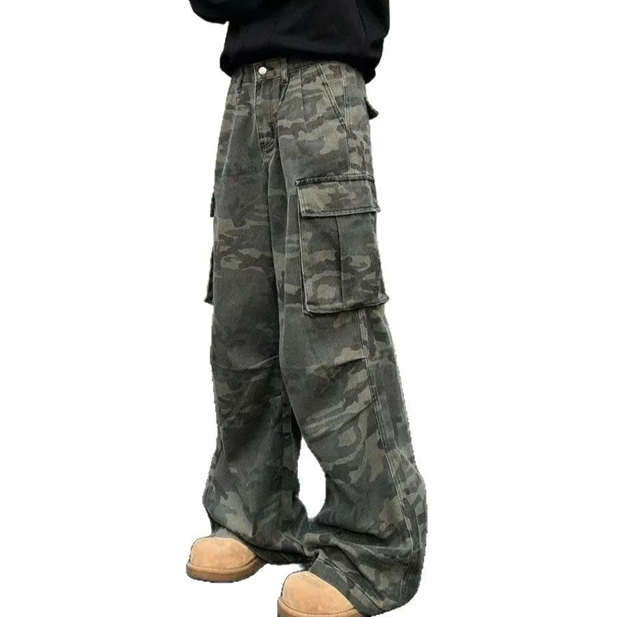 American vintage style camouflage cargo pants with multiple pockets and Korean mid waist design